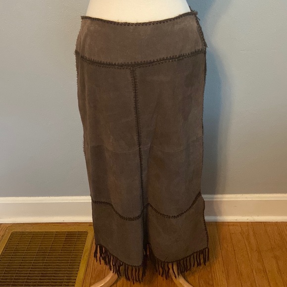 Selene Sport Dresses & Skirts - Selene Sport Leather Maxi Skirt Cowgirl Fringe hem Brown L New With Tags